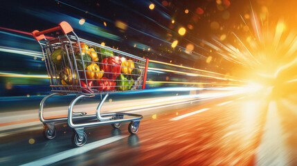 Shopping cart with fresh vegetables on the road with motion blur background - obrazy, fototapety, plakaty