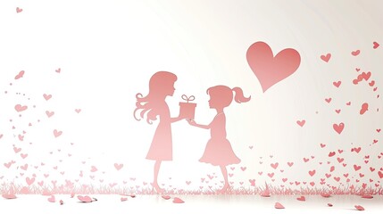 Silhouette of a mother and daughter with hearts and flowers.