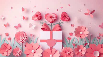 Graphic design of heart-shaped flowers and butterflies around a gift box, symbolizing love and Mother's Day.