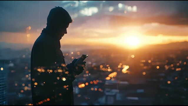 person stand and feel happy on use phone the most hight of technology communication, city, building, male, dark, light, business