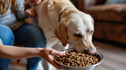 Close up of woman feeding her dog with dry pet food at home