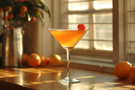 Indulge in a refreshing classic cocktail as you savor the juicy citrus flavors of a bronx rose bellini, topped with a cherry and served in an elegant martini glass