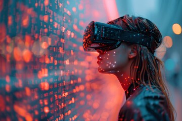 A fashionable woman's face is illuminated by the virtual reality goggles she wears, transporting her to a world of endless possibilities
