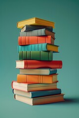 Stack of colorful books on a teal background.