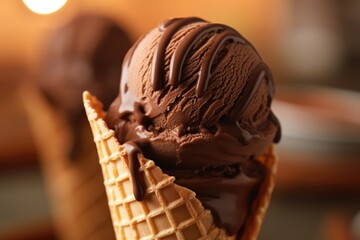 Close up of chocolate ice cream scoops in a waffle cone, drizzled with a glossy chocolate syrup,...