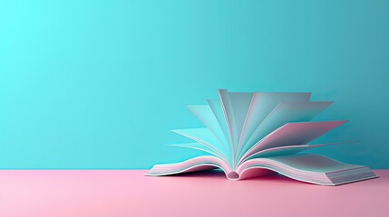 Open book with pages fanned on a teal and pink background. - obrazy, fototapety, plakaty