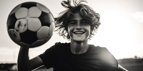 A young man holding a soccer ball. Suitable for sports concept