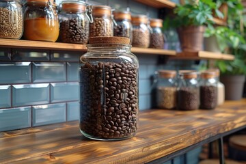 Indoor ambiance captured with a rustic wooden shelf holding a large mason jar filled with coffee beans, sitting next to a plant vase and a bottle, adding warmth and comfort to the table against the w - obrazy, fototapety, plakaty