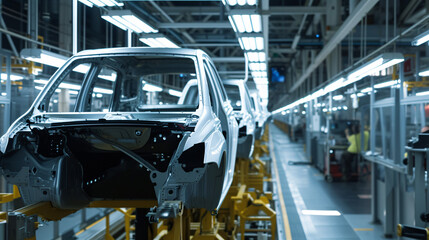 Naklejka premium A vehicle stands on the production line within a factory, undergoing assembly with precision and care