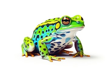 A colorful frog sitting on a plain white background. Suitable for educational materials