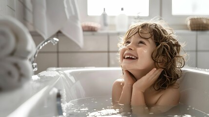 Happy child enjoying morning routine in the bathroom - start the day with joy and refreshment