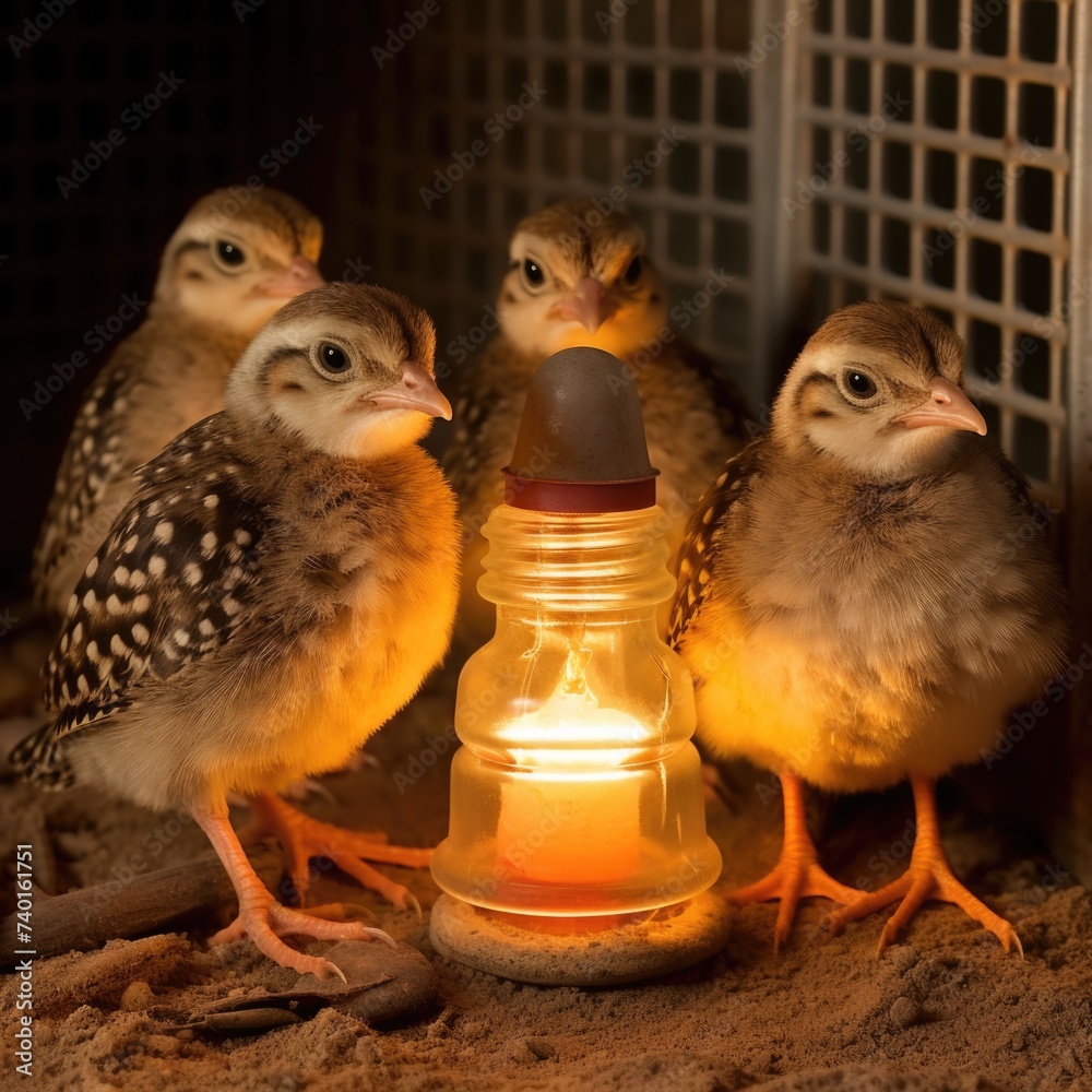 Poster Group of small birds standing next to a light source. Suitable for nature and wildlife themes