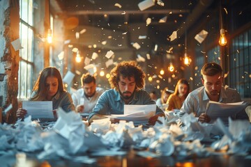 A woman in business attire sits with a group of people around a table, papers scattered and laptops open, their human faces filled with determination and focus as they work indoors together - obrazy, fototapety, plakaty
