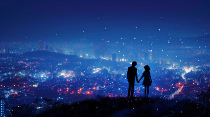 Fototapeta na wymiar Silhouette of a couple holding hands against the backdrop of vibrant city lights under a twilight sky. Lovely couple Valentine background concept.