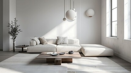 A minimalist living room with a Scandinavian style coffee table and a low profile, comfortable sofa