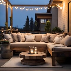 Rustic outdoor patio boasting a plush sofa and inviting coffee table, adorned with twinkling garlands and soft lamplight, exudes a cozy charm under the open sky.