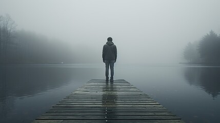 A person standing on a dock in the fog, suitable for various concepts and designs - Powered by Adobe