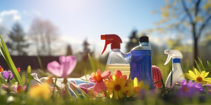 Various cleaning products displayed outdoors. Suitable for advertising or household cleaning themes