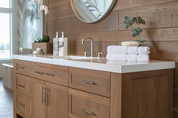 Soft focus on a modern bathroom vanity against a backdrop of wooden planks Creating a serene space for beauty and wellness product displays.