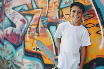 Obraz na płótnie Canvas Smiling boy in a crisp white t-shirt holding a skateboard Ready for action Against a dynamic urban graffiti background