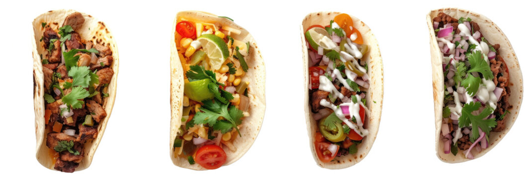 Four delicious tacos with different toppings, isolated on a transparent background.