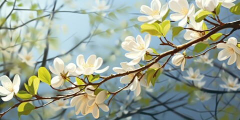 Branch with white flowers against blue sky. Perfect for nature backgrounds