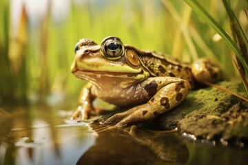 Fototapeta premium A frog sitting on a rock in the water, suitable for nature and wildlife concepts