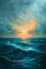 Luminous Lagoon: Teal and Gold Ocean Sunset Painting with a Focus on Light and Color