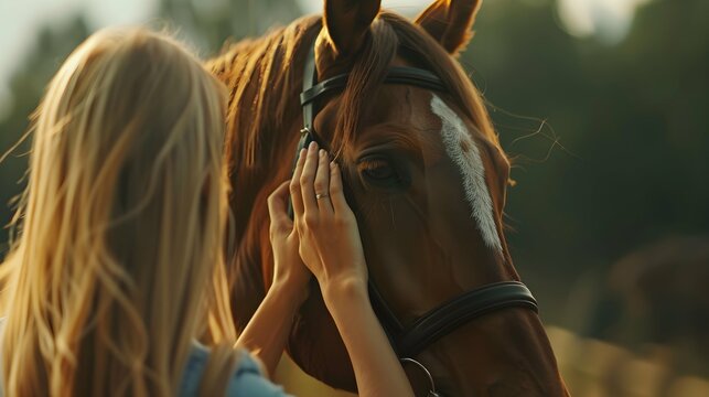 Blonde woman gently stroking a horse. Concept of horse riding, animal care, nature bonding, equine therapy, and equestrian sports.