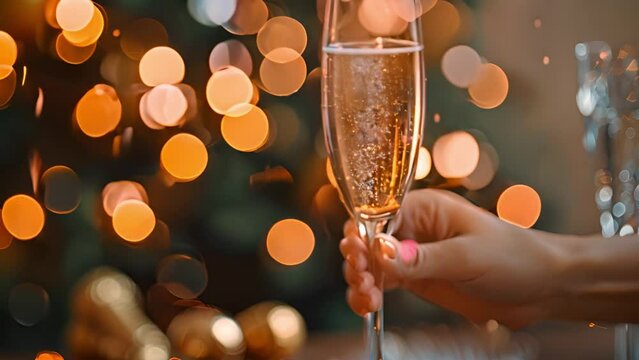 Celebration toast. Champagne glasses with gold sparkle bokeh. champagne bubbles in glasses on a festive blurred background 4k video. Festive,cheers,party background movement