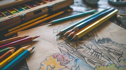 A mindful coloring session with intricate adult coloring books surrounded by art supplies. - obrazy, fototapety, plakaty