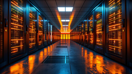 Modern data center server racks in dark room with RTX lighting and visual effects - obrazy, fototapety, plakaty