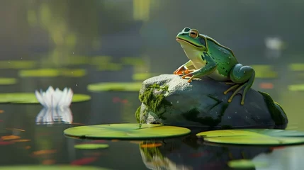 Fototapeten A Bullfrog's Moment of Zen in the Wild   frog in the pond   a green frog sitting on a rock in water © Pascal