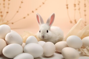 Fototapeta premium A white rabbit sitting among a pile of eggs. Perfect for Easter decorations
