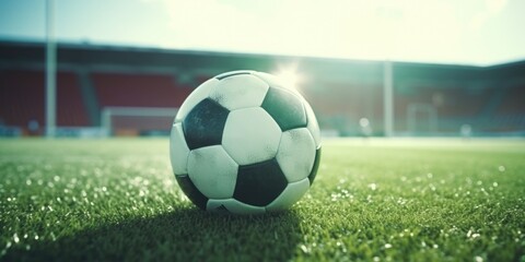 A soccer ball resting on a vibrant green field, suitable for sports and outdoor themes