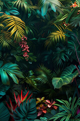 Fototapeta na wymiar Forest Jungle Plants: Illustration of Exotic Foliage in a Wild Setting