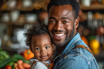 A joyous father proudly cradles his precious baby boy while surrounded by fresh, locally grown vegetables, showcasing the bond between parent and child and the importance of natural, healthy foods - obrazy, fototapety, plakaty
