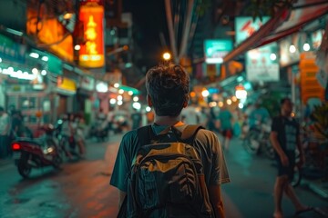 Solo traveler exploring a vibrant city at night Discovering local attractions and enjoying street food. enthusiastic about urban adventures and cultural immersion