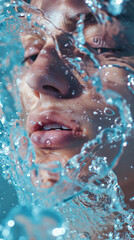 Portrait of a beautiful young woman under water with splashes .