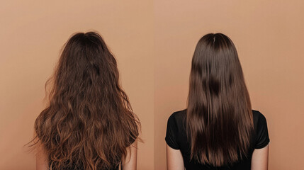 Back view of young woman with long hair on beige background, collage