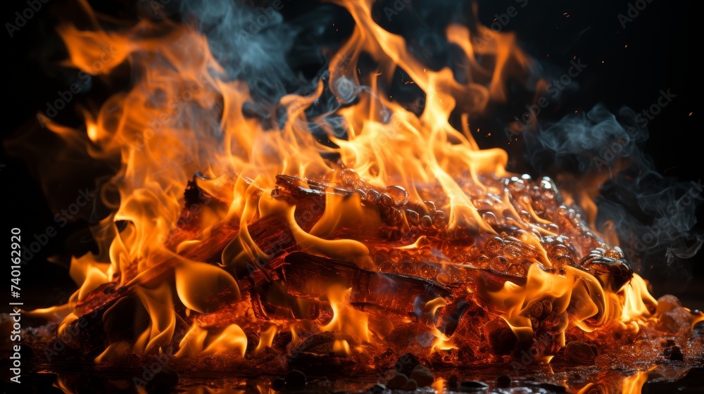 Poster a large pile of fire burning fiercely in the dark. the flames are vibrant and intense, illuminating 
