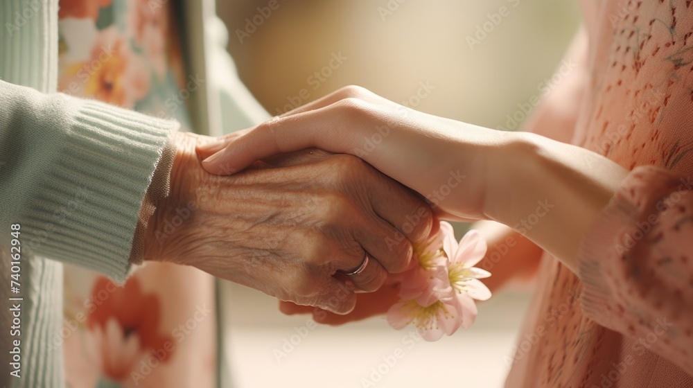 Poster a close-up image of a person holding another person's hand. suitable for various concepts and design