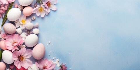 Fototapeta na wymiar Vibrant blue background with delicate pink flowers and colorful Easter eggs. Perfect for Easter and spring-themed designs