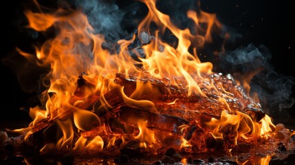 Fototapeta premium a large pile of fire burning fiercely in the dark. The flames are vibrant and intense, illuminating the surrounding area. The image conveys a sense of power and intensity