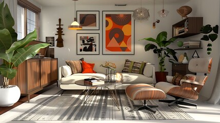 A mid century modern inspired living room with a retro sofa, Eames lounge chair, and vintage accents