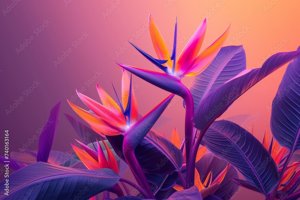 Sticker A vibrant bunch of purple  orange tropical flowers with lush green leaves, creating a visually striking and harmonious composition