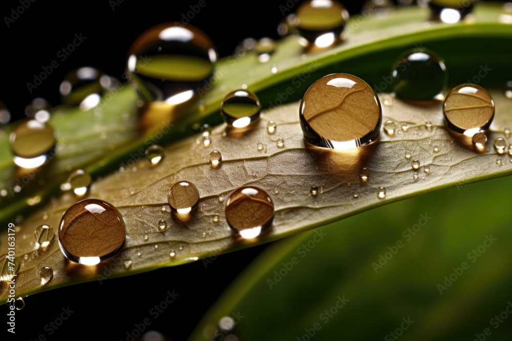 Poster close-up view of water droplets on a leaf. suitable for nature or environmental themes