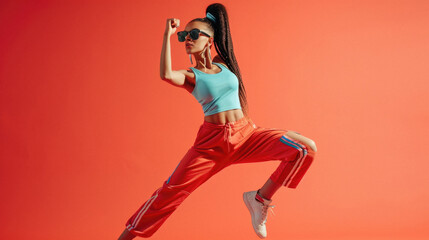 Fototapeta na wymiar Beautiful sporty woman in sportswear and sunglasses jumping on red background