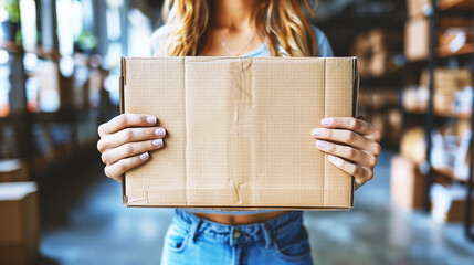 A woman holds a brown cardboard box.