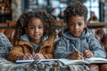 Two young children sit side by side, lost in the world of words as they read and write in their notebook, their faces full of concentration and determination